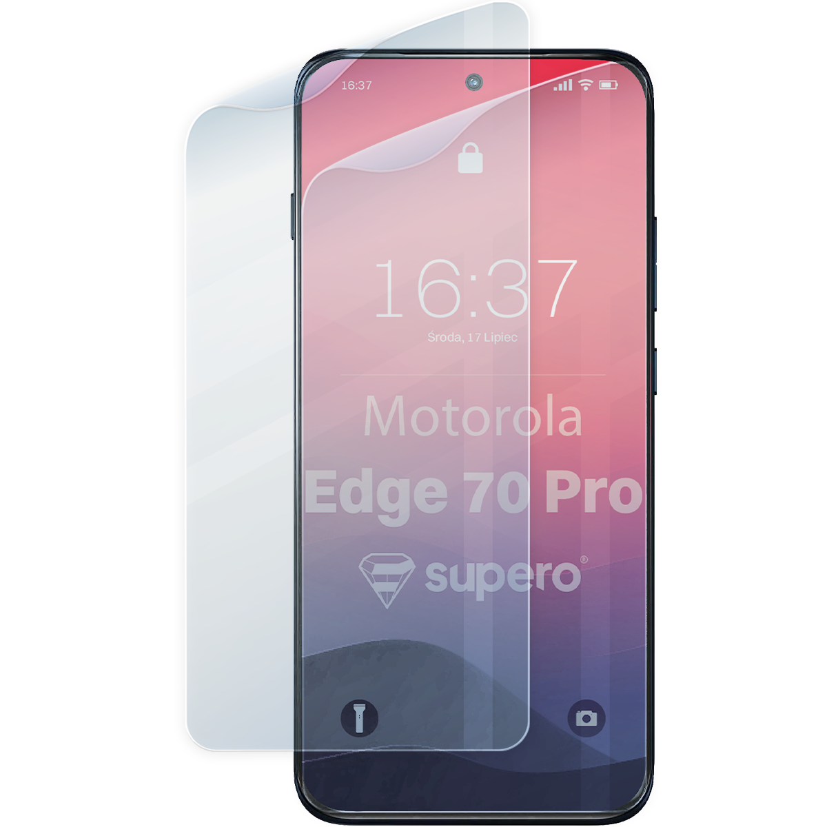Obraz przedstawia telefon z nałożoną folią ochronną na ekranie. Na ekranie widoczny jest tekst: \'16:37 Środa, 17 Lipiec Motorola Edge 70 Pro supero\'.