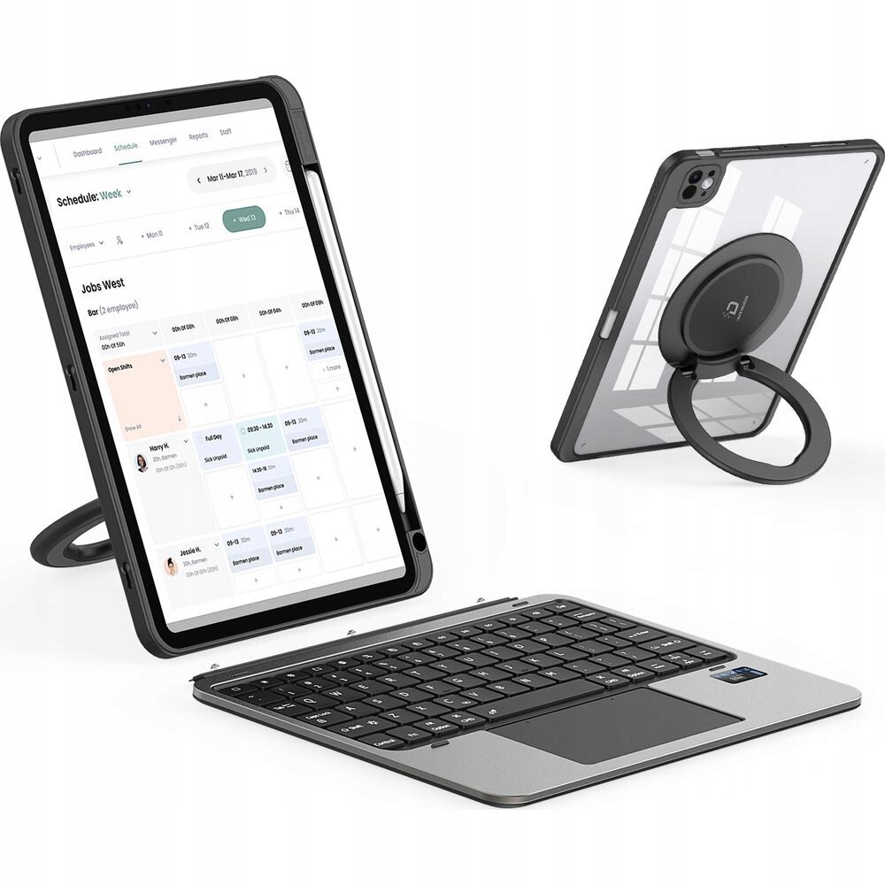 Obraz przedstawia etui z klawiaturą do tabletu, z wyświetlonym harmonogramem na ekranie. Etui posiada stojak z okrągłym uchwytem z tyłu.