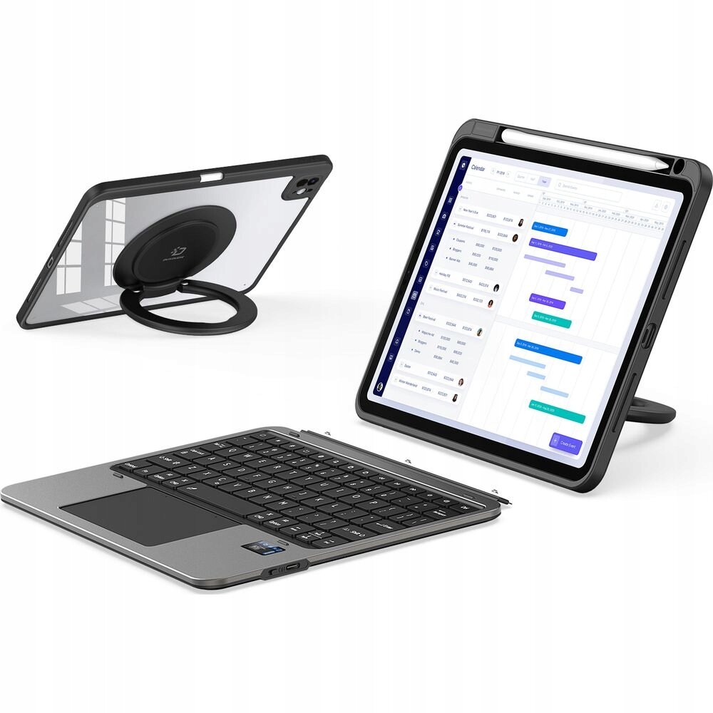 Obraz przedstawia klawiaturę etui do tabletu, z widocznym ekranem wyświetlającym wykresy i listę zadań. W tle widać stojący tablet z okrągłym uchwytem na tylnej obudowie.
