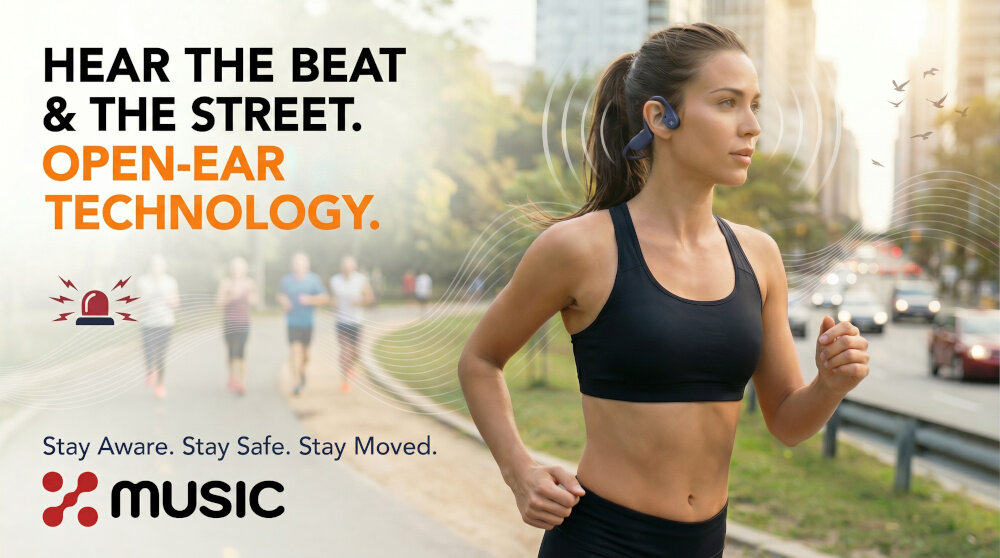 Kobieta biegnie w parku, nosząc niebieskie słuchawki powietrzne. Na obrazie widoczny jest tekst: \'HEAR THE BEAT & THE STREET. OPEN-EAR TECHNOLOGY. Stay Aware. Stay Safe. Stay Moved.\' oraz logo \'XMUSIC\'.