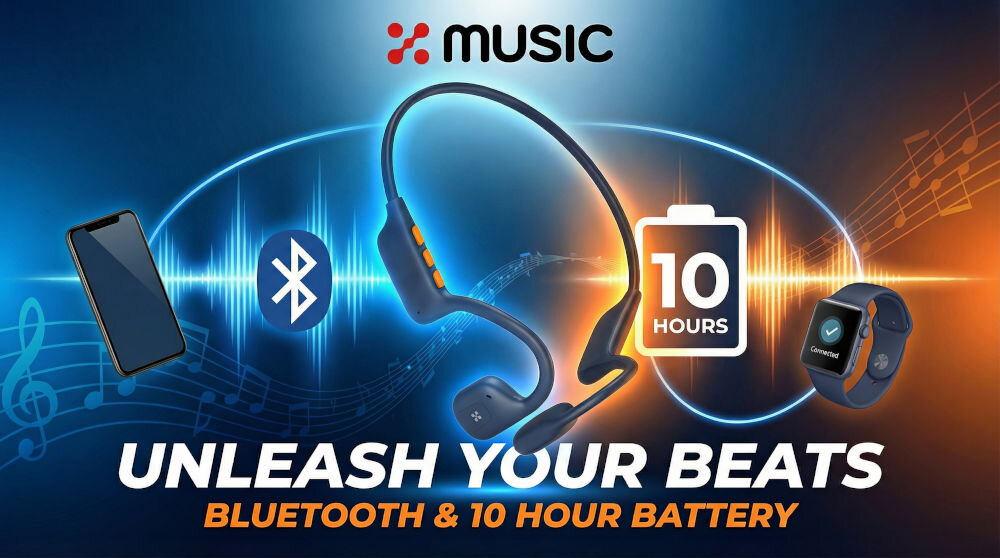 Grafika przedstawia słuchawki powietrzne z napisem \'UNLEASH YOUR BEATS\' oraz informacjami \'BLUETOOTH & 10 HOUR BATTERY\'. Widoczne są także ikony telefonu, Bluetooth i zegarka, a w tle jest logo \'XMUSIC\'.