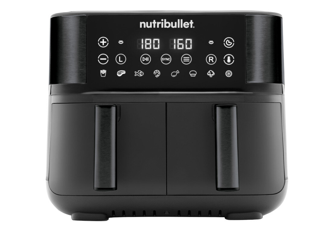 Czarna frytkownica beztłuszczowa z podwójnym koszem marki nutribullet. Na panelu sterowania widoczne są cyfry 180 i 160 oraz różne ikony funkcji.