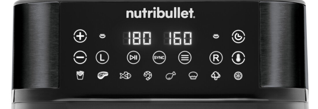 Panel sterowania frytkownicy Nutribullet z wyświetlaczem cyfrowym pokazującym temperatury 180 i 160 oraz różnymi ikonami funkcji. Widoczne jest logo \'nutribullet\'.