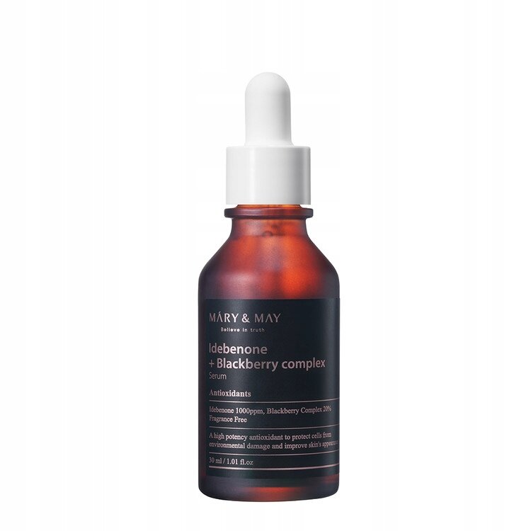 Butelka z ciemnego szkła z białą pipetą, na etykiecie napis: \'MARY & MAY Idebenone + Blackberry complex Serum Antioxidants Idebenone 1000ppm, Blackberry Complex 20% Fragrance Free A high potency antioxidant to protect cells from environmental damage and improve skin\'s appearance 30 ml / 1.01 fl.oz\'.