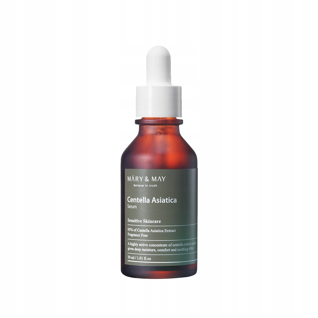 Butelka z ciemnego szkła z białą pipetą, na etykiecie napis \'MARY & MAY Centella Asiatica Serum\'.