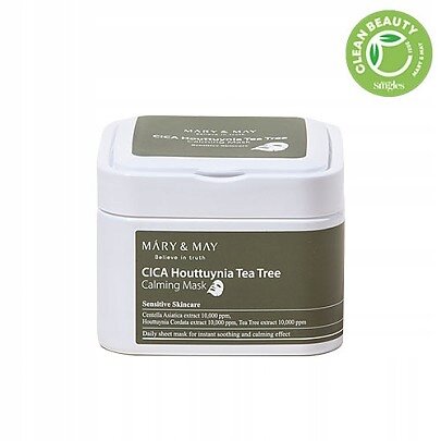 Biały pojemnik z zieloną etykietą, na której widnieje napis \'MARY & MAY CICA Houttuynia Tea Tree Calming Mask\'. W prawym górnym rogu znajduje się zielone logo z napisem \'CLEAN BEAUTY\'.