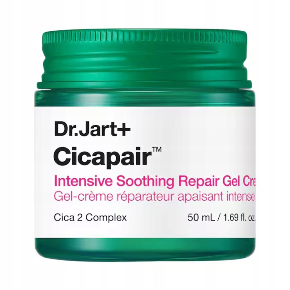 Zielony słoik z białą etykietą, na której widnieje tekst: \'Dr.Jart+ Cicapair Intensive Soothing Repair Gel Cream Gel-crème réparateur apaisant intense Cica 2 Complex 50 mL / 1.69 fl. oz.\'.