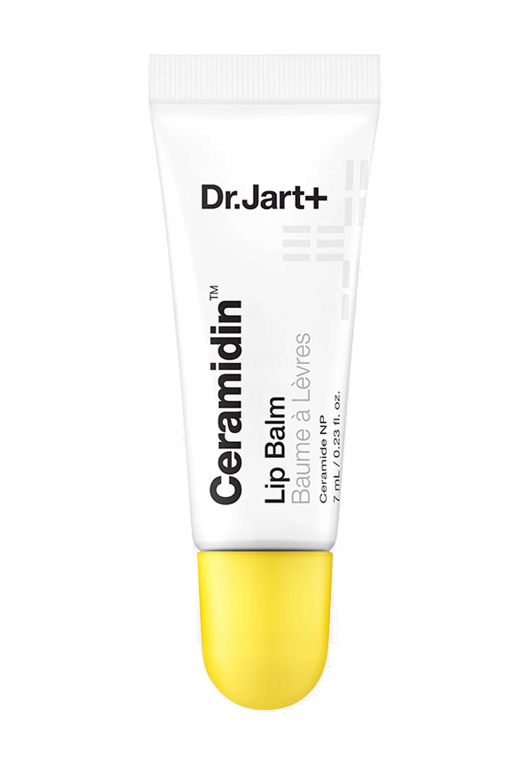 Na obrazie widoczna jest tubka balsamu do ust z białą etykietą i żółtą zakrętką. Na etykiecie znajduje się tekst: \'Dr.Jart+ Ceramidin Lip Balm Baume à Lèvres Ceramide NP 7 mL / 0.23 fl. oz.\'.