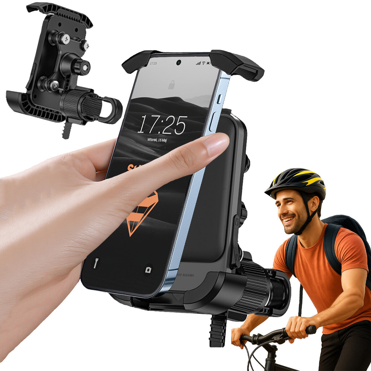 Obraz przedstawia uchwyt rowerowy na telefon zamontowany na kierownicy roweru. W tle widoczna jest osoba na rowerze w kasku ochronnym.