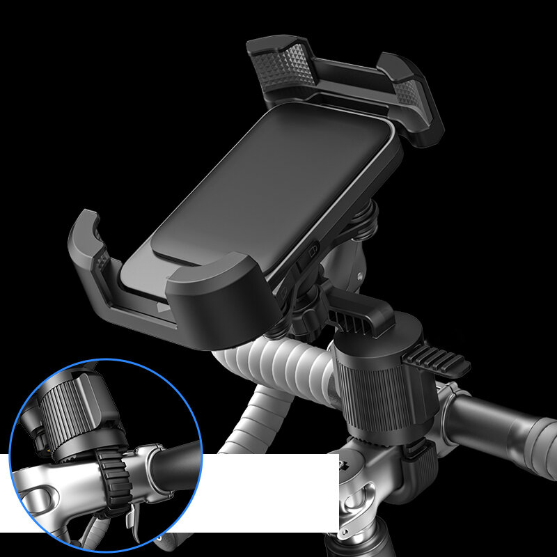 Uchwyt rowerowy na telefon zamontowany na kierownicy roweru, z mechanizmem szybkiego montażu. Widać szczegóły mocowania i uchwytu na telefon.