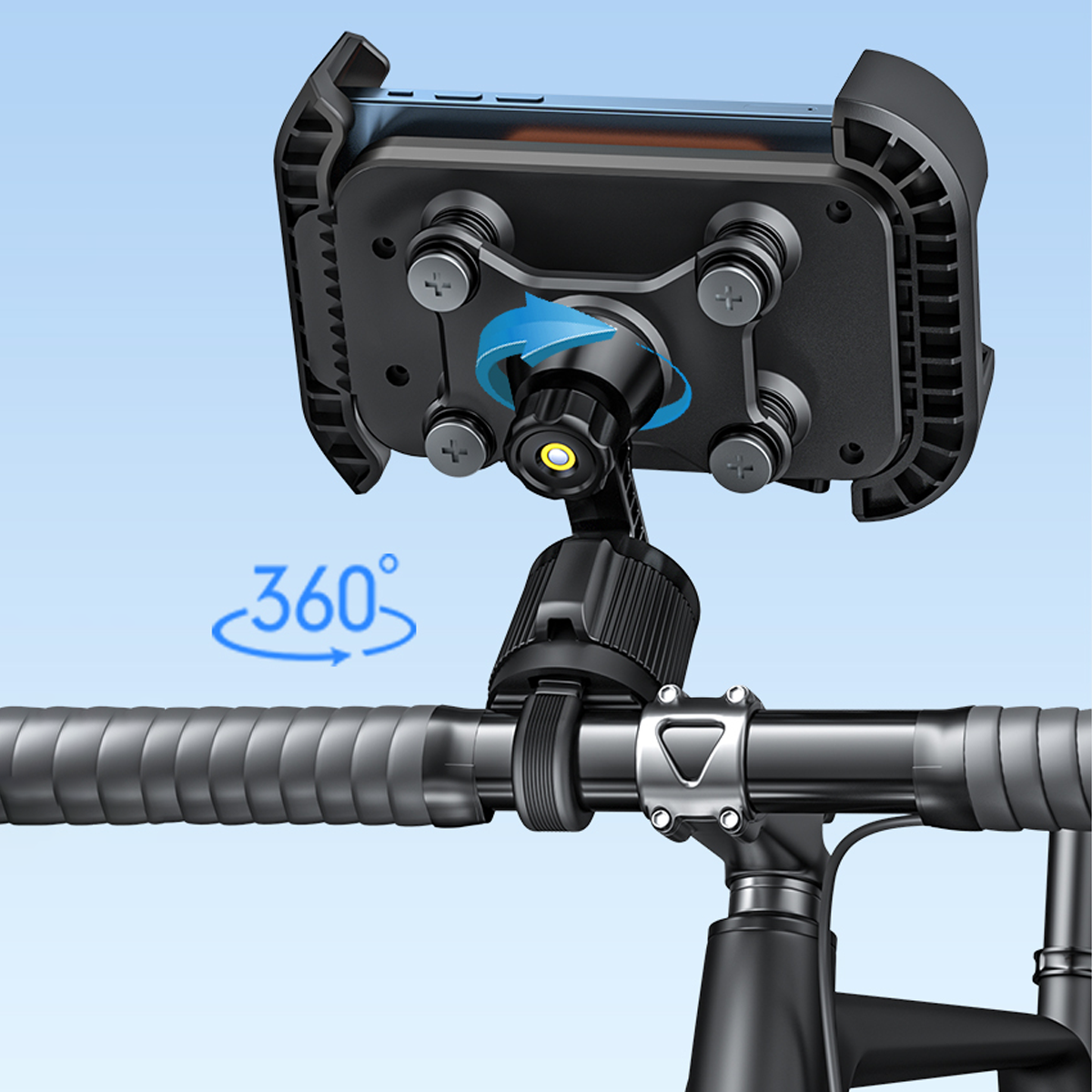Uchwyt rowerowy na telefon zamontowany na kierownicy roweru, z możliwością obrotu o 360 stopni. Widoczny jest symbol obrotu oraz elementy mocujące uchwyt.