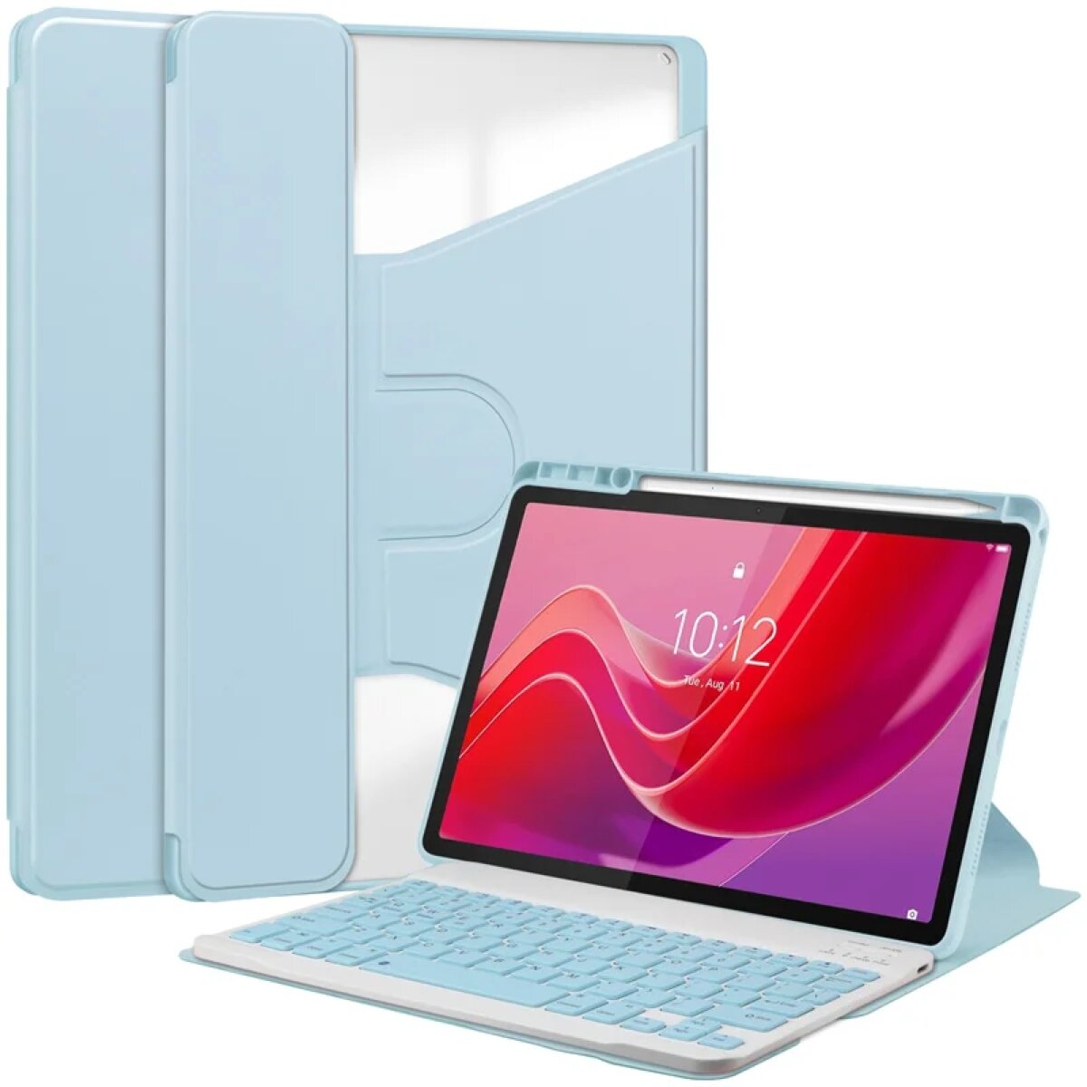 Na obrazie widoczne jest etui z klawiaturą Bluetooth w kolorze jasnoniebieskim, przeznaczone do tabletu. Tablet wyświetla ekran z godziną 10:12 i datą Tue, Aug 11.