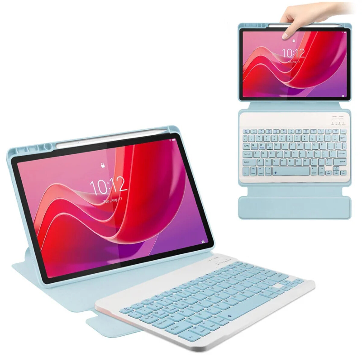 Obraz przedstawia etui z klawiaturą Bluetooth w kolorze jasnoniebieskim, przeznaczone do tabletu. Na ekranie tabletu widoczny jest czas 10:12 oraz data Thu, Aug 11.