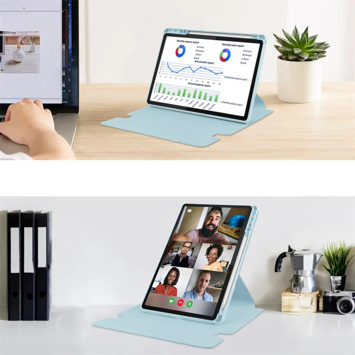 Na biurku znajduje się tablet w etui, na którym wyświetlane są wykresy i wideokonferencja. Obok tabletu widoczne są segregatory, roślina doniczkowa i ekspres do kawy.