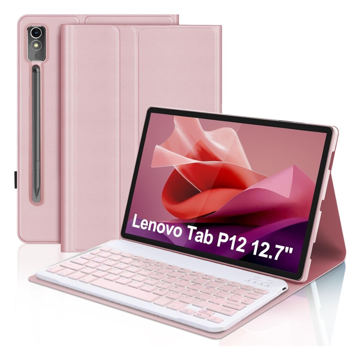 Obraz przedstawia różowe etui z klawiaturą do tabletu Lenovo Tab P12 12.7 cala. Na ekranie tabletu widoczny jest napis \'Lenovo Tab P12 12.7\'.