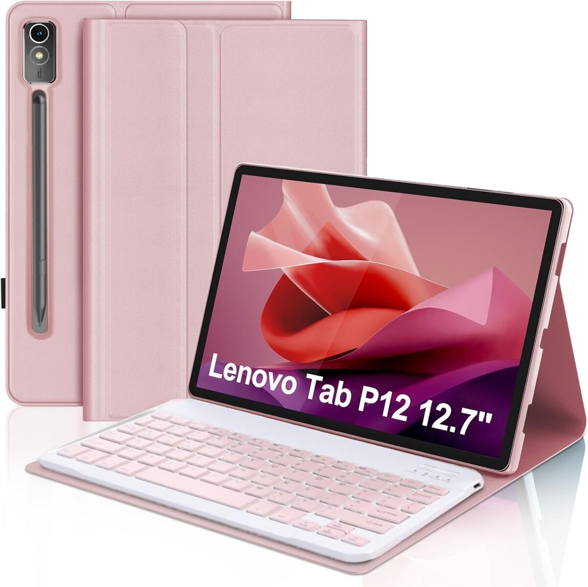 Obraz przedstawia różowe etui z klawiaturą do tabletu Lenovo Tab P12 12.7 cala. Na ekranie tabletu widoczny jest abstrakcyjny wzór w odcieniach różu i czerwieni oraz napis \'Lenovo Tab P12 12.7\'.