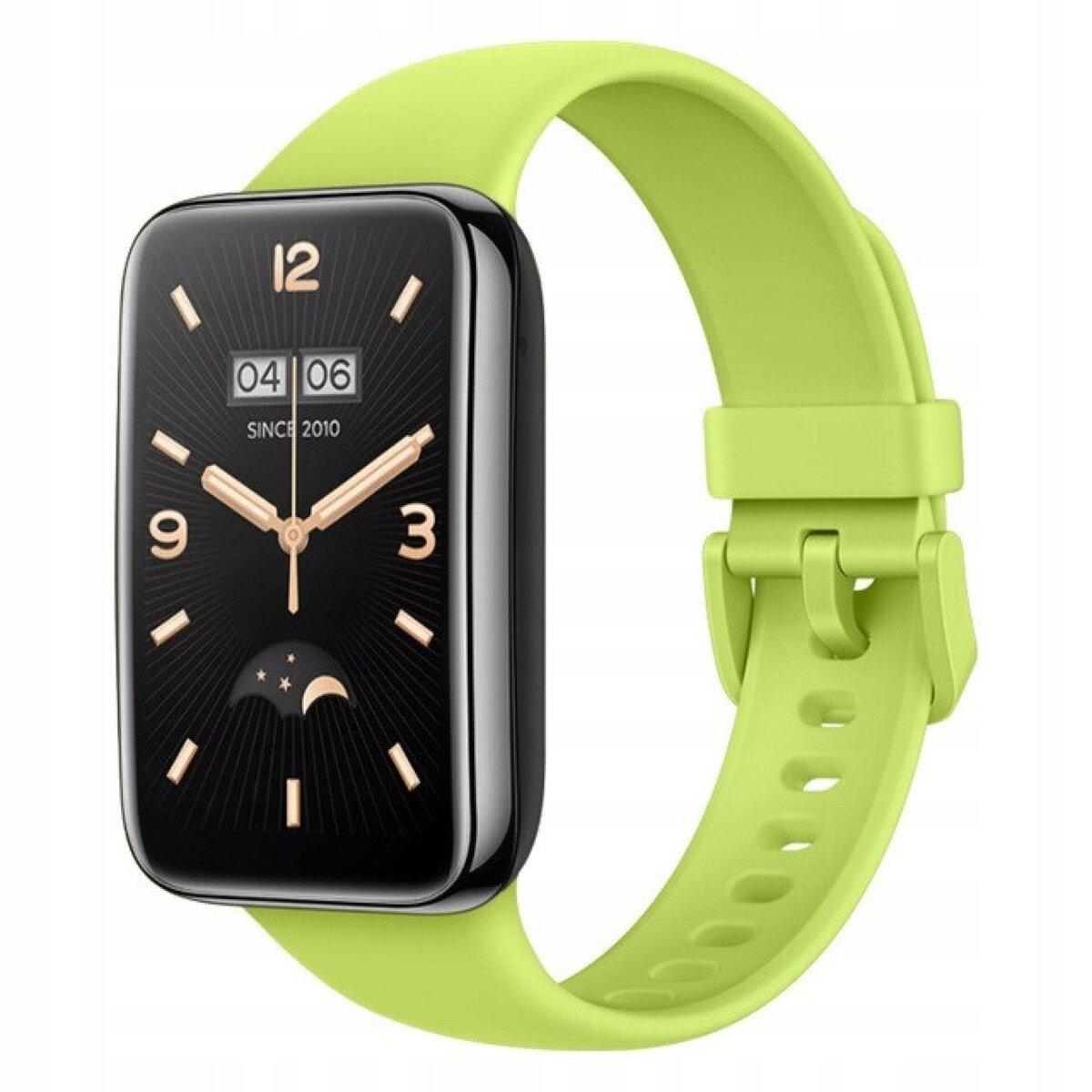 Na obrazie widoczny jest smartwatch z zieloną silikonową opaską. Na tarczy zegarka widnieją cyfry 12, 3, 6, 9 oraz napis \'SINCE 2010\'.