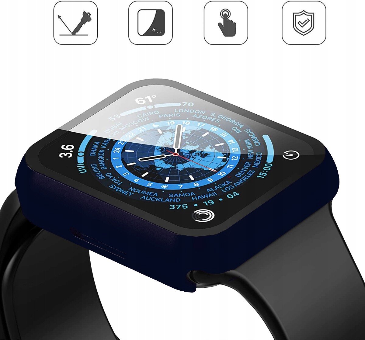 Na obrazie widoczny jest smartwatch z niebieską tarczą, na której znajdują się nazwy miast i wskazówki zegara. W górnej części obrazu znajdują się cztery ikony symbolizujące odporność na zarysowania, ochronę ekranu, dotyk i wytrzymałość.