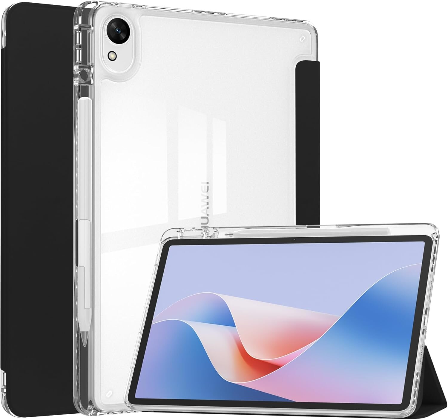 Obraz przedstawia przezroczyste etui na tablet z widocznym logo Huawei. Etui jest silikonowe i dopasowane do tabletu, który ma wyświetlacz z abstrakcyjną grafiką w odcieniach niebieskiego i czerwonego.