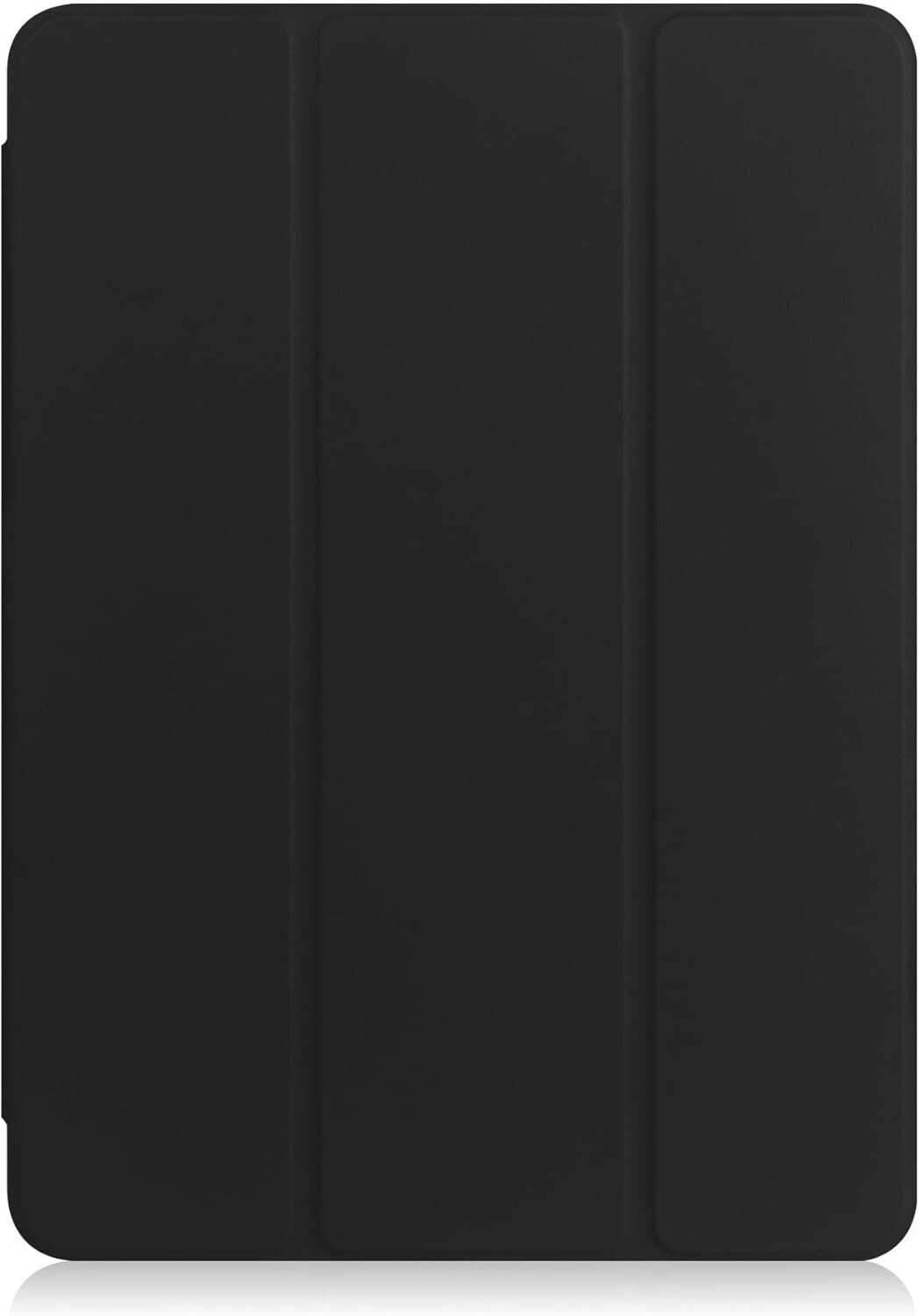Czarne etui na tablet z trzema pionowymi panelami, wykonane z gładkiego materiału.