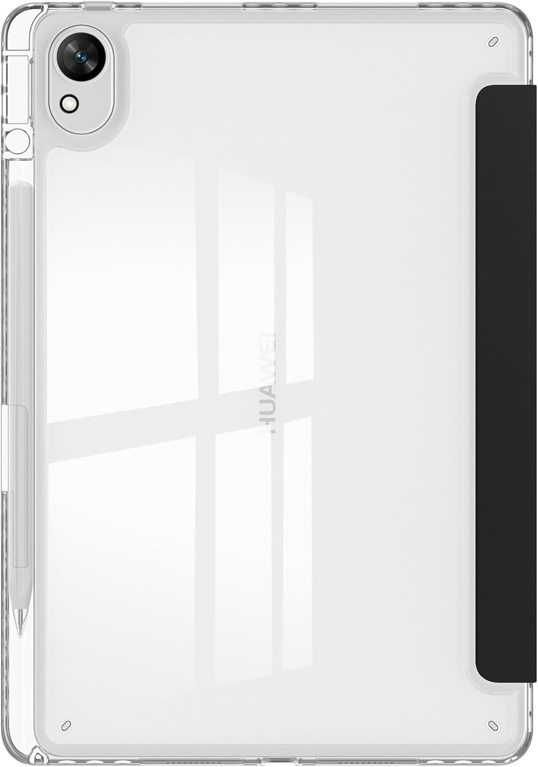 Przezroczyste etui na tablet z widocznym logo \'HUAWEI\' i miejscem na rysik. W lewym górnym rogu znajduje się wycięcie na aparat.
