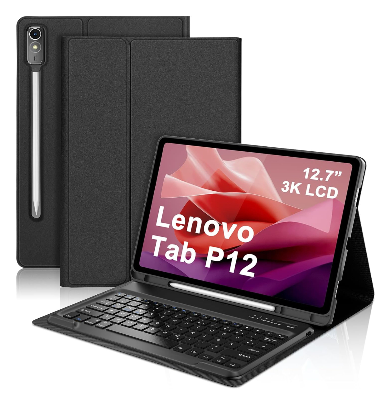 Obraz przedstawia etui z klawiaturą do tabletu Lenovo Tab P12. Na ekranie tabletu widoczny jest tekst: \'12.7\