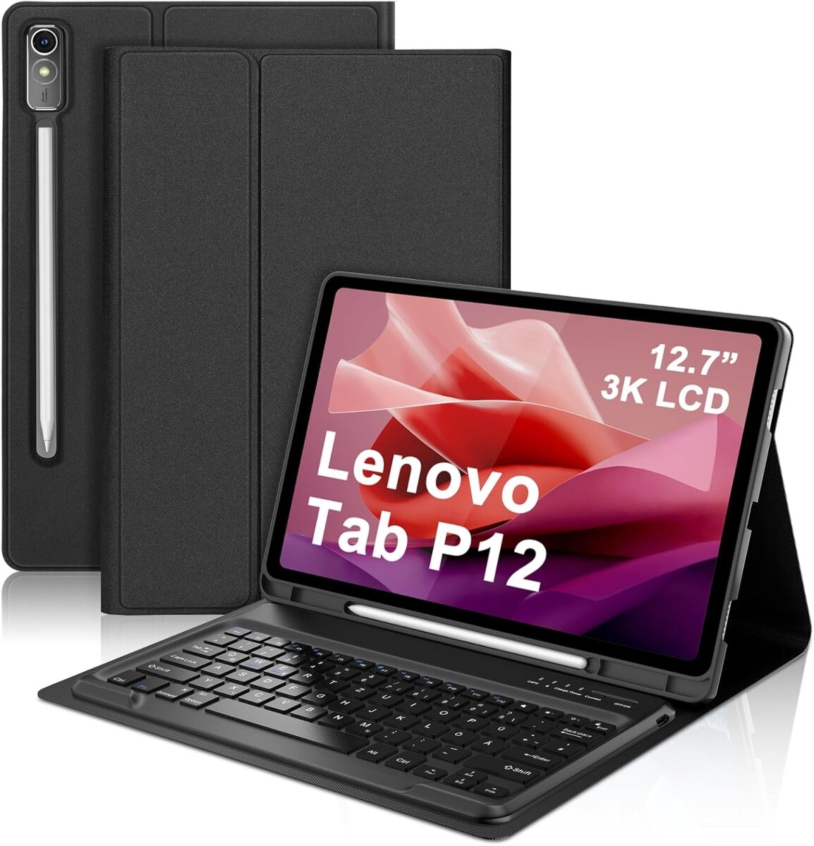 Obraz przedstawia etui z klawiaturą do tabletu Lenovo Tab P12, z wyświetlaczem 12.7\