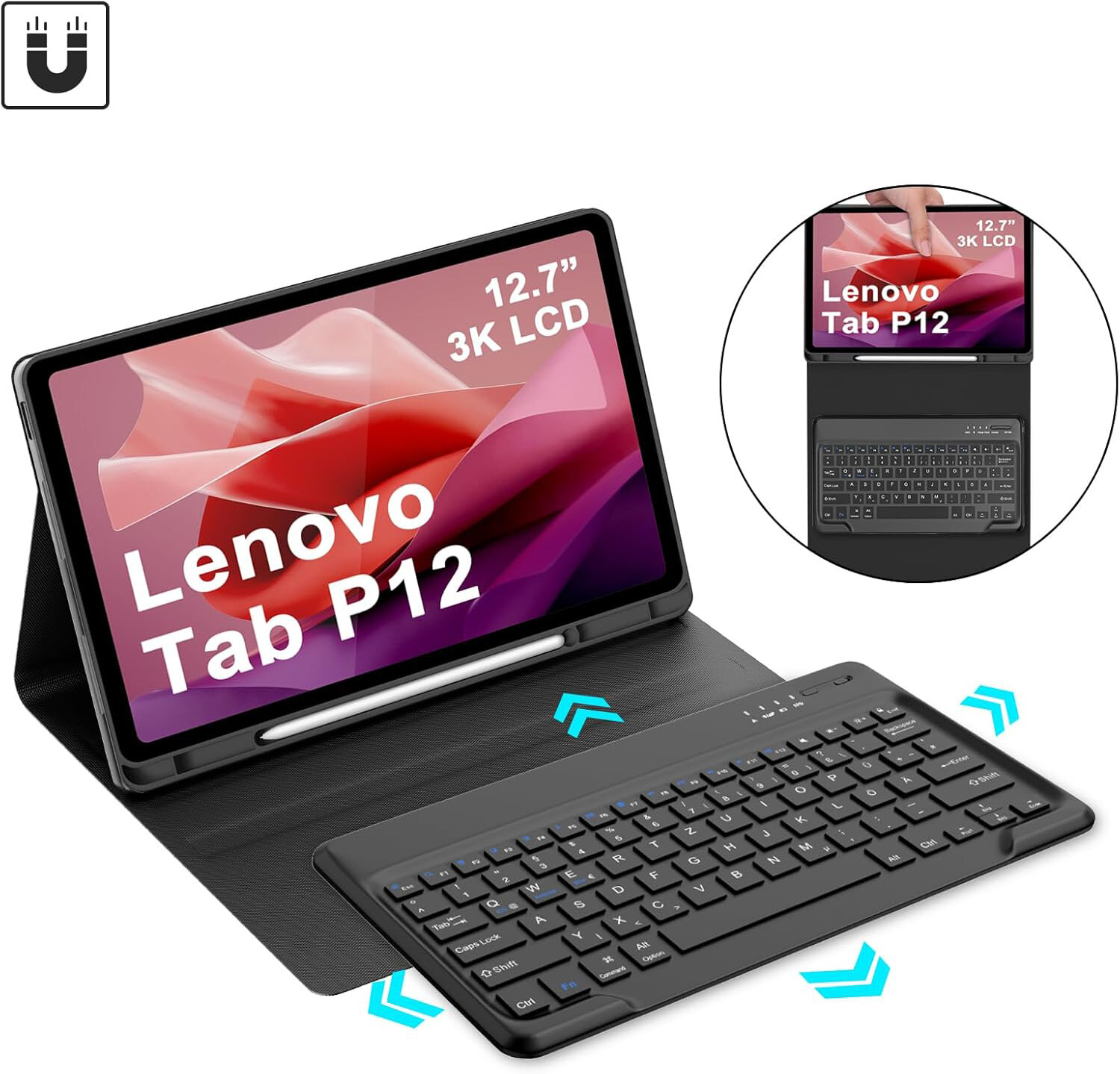 Obraz przedstawia etui z klawiaturą do tabletu Lenovo Tab P12, z wyświetlaczem pokazującym napis \'Lenovo Tab P12 12.7\