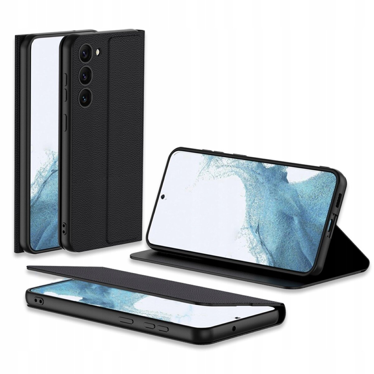 Na obrazie widoczne jest czarne etui na telefon, które prezentowane jest w różnych pozycjach. Etui ma teksturę przypominającą skórę i jest otwarte, ukazując ekran telefonu z niebieskim wzorem.