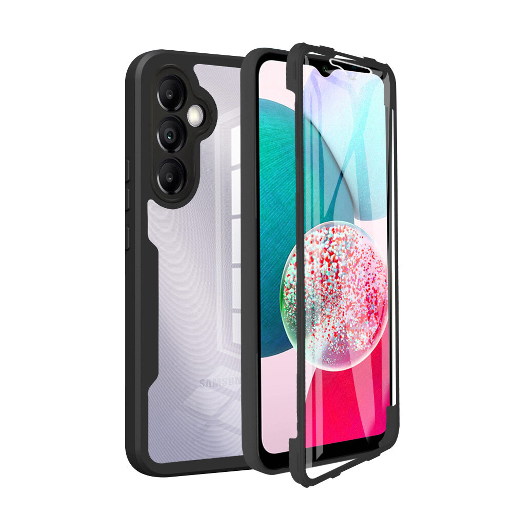 Obraz przedstawia etui pancerne 360 do telefonu, z widocznymi trzema otworami na aparaty i jednym na lampę błyskową. Etui jest czarne, z przezroczystą tylną częścią, a w tle widoczny jest kolorowy ekran telefonu.