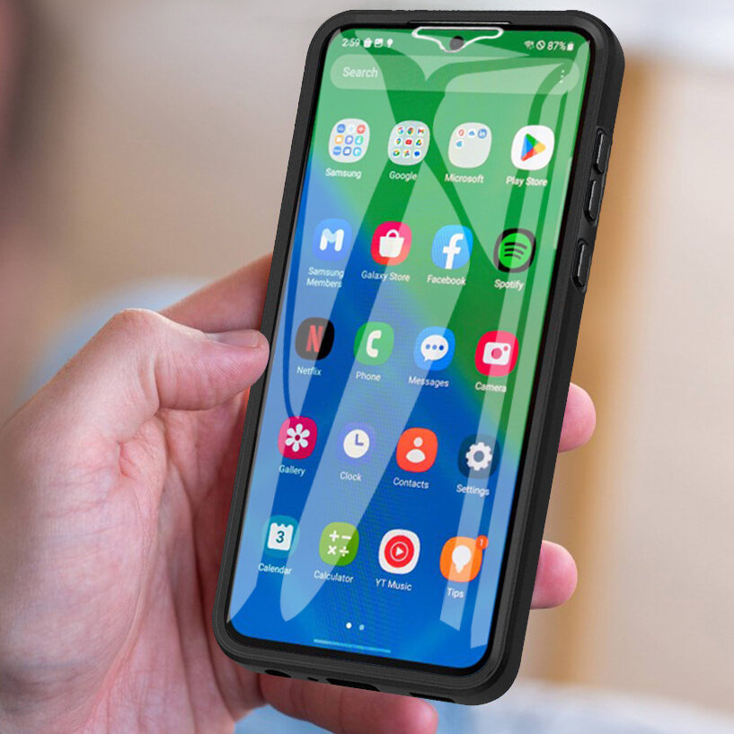 Osoba trzyma smartfon w czarnym etui pancernym, na ekranie widoczne są ikony aplikacji takie jak Samsung, Google, Facebook, Spotify i inne. Na górze ekranu widoczny jest pasek z godziną 2:59 i ikonami powiadomień.