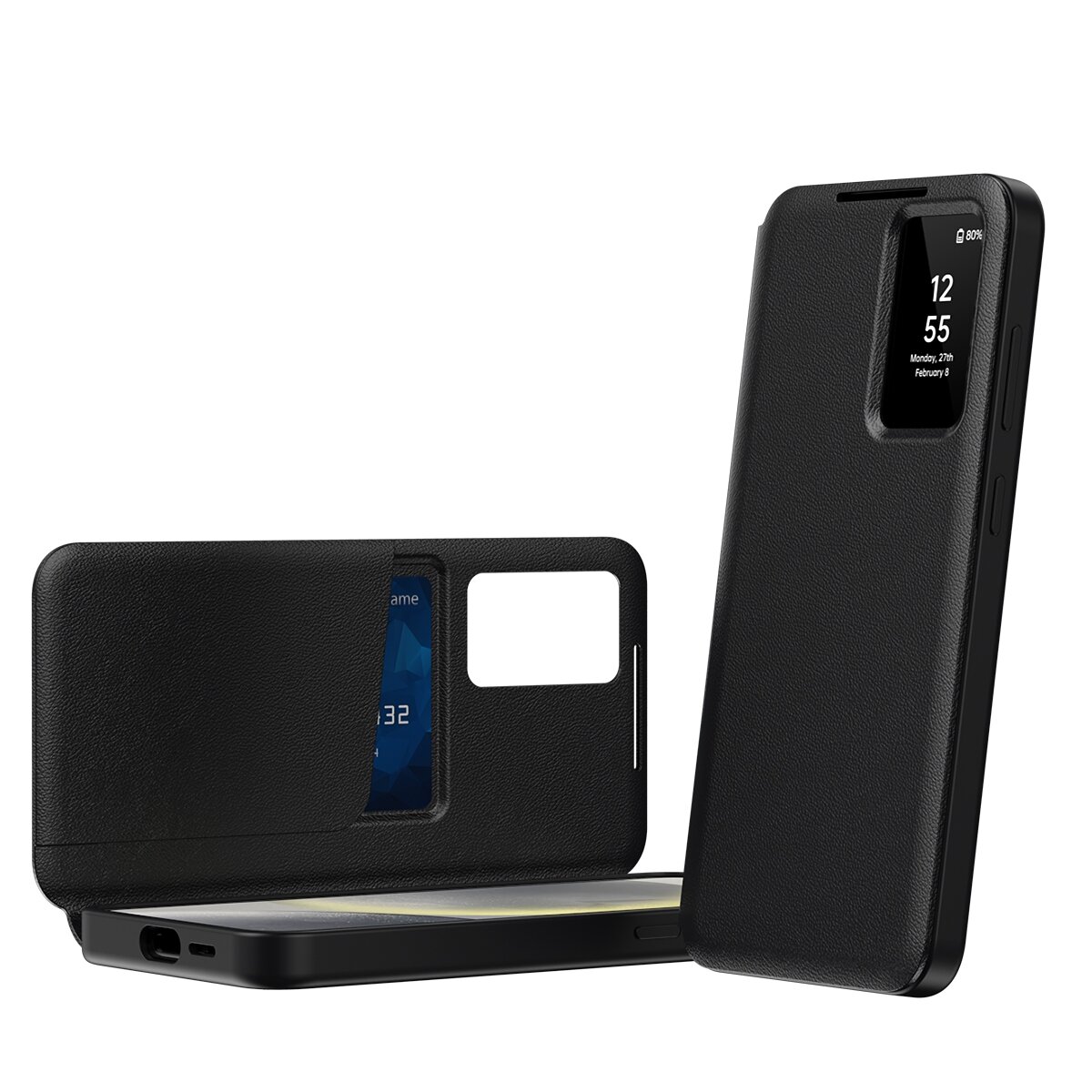 Czarne etui z klapką Smart View do telefonu, z wycięciem na ekranie pokazującym godzinę i datę. Etui jest skórzane i ma miejsce na wyświetlanie powiadomień.