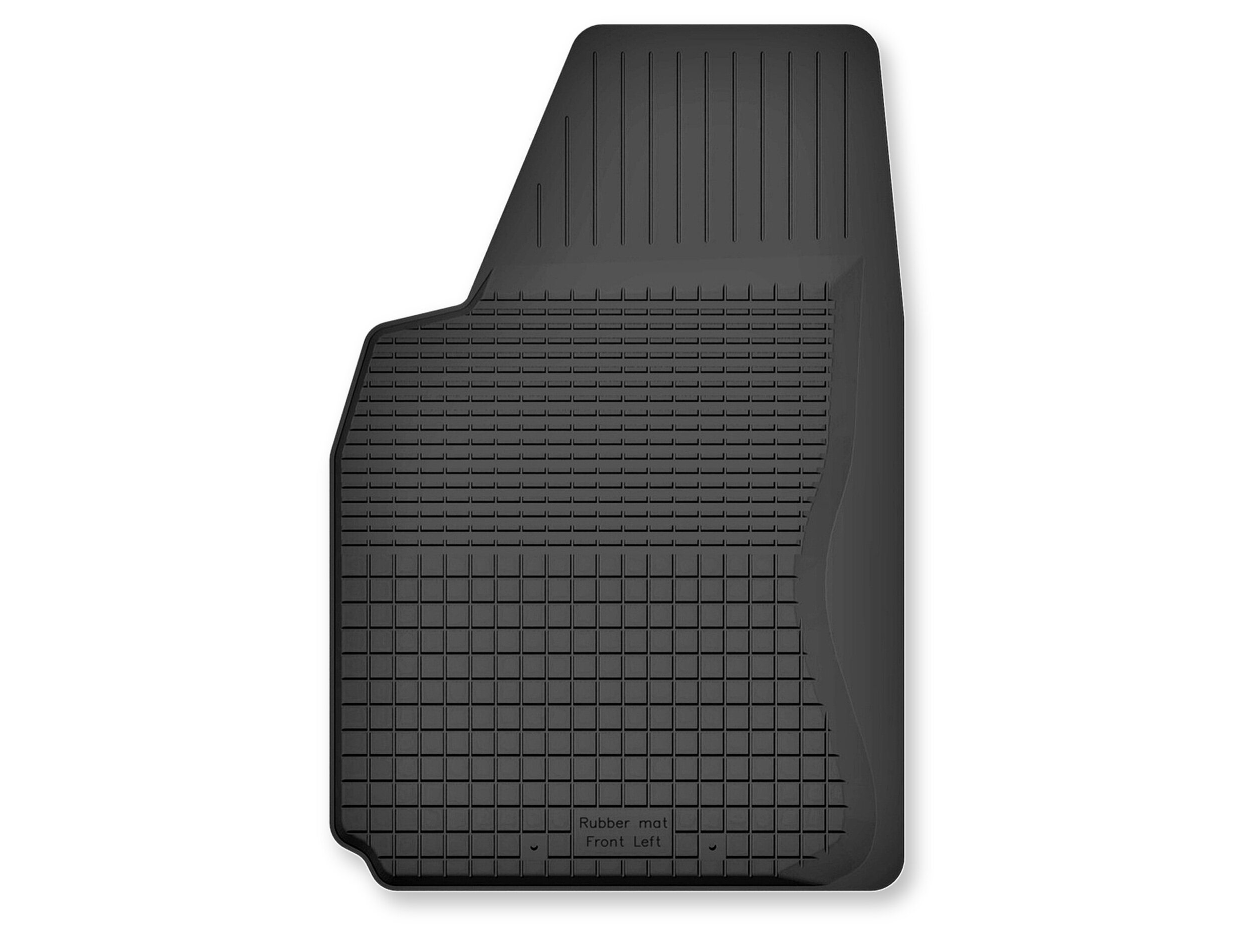 Czarny gumowy dywanik samochodowy o korytkowej strukturze z widocznym napisem \'Rubber mat Front Left\'.