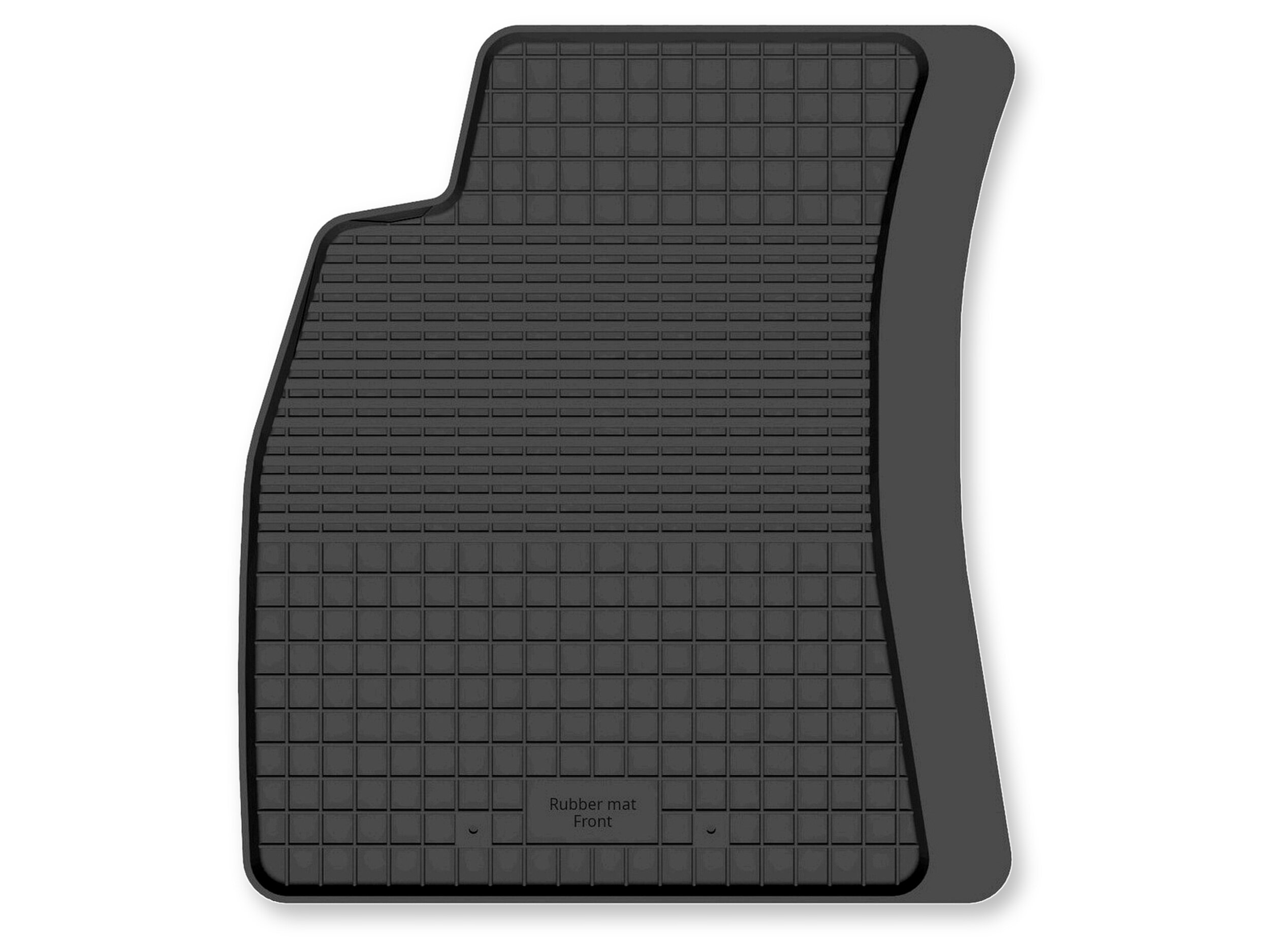 Czarny gumowy dywanik samochodowy o korytkowym kształcie z widocznym napisem \'Rubber mat Front\'.