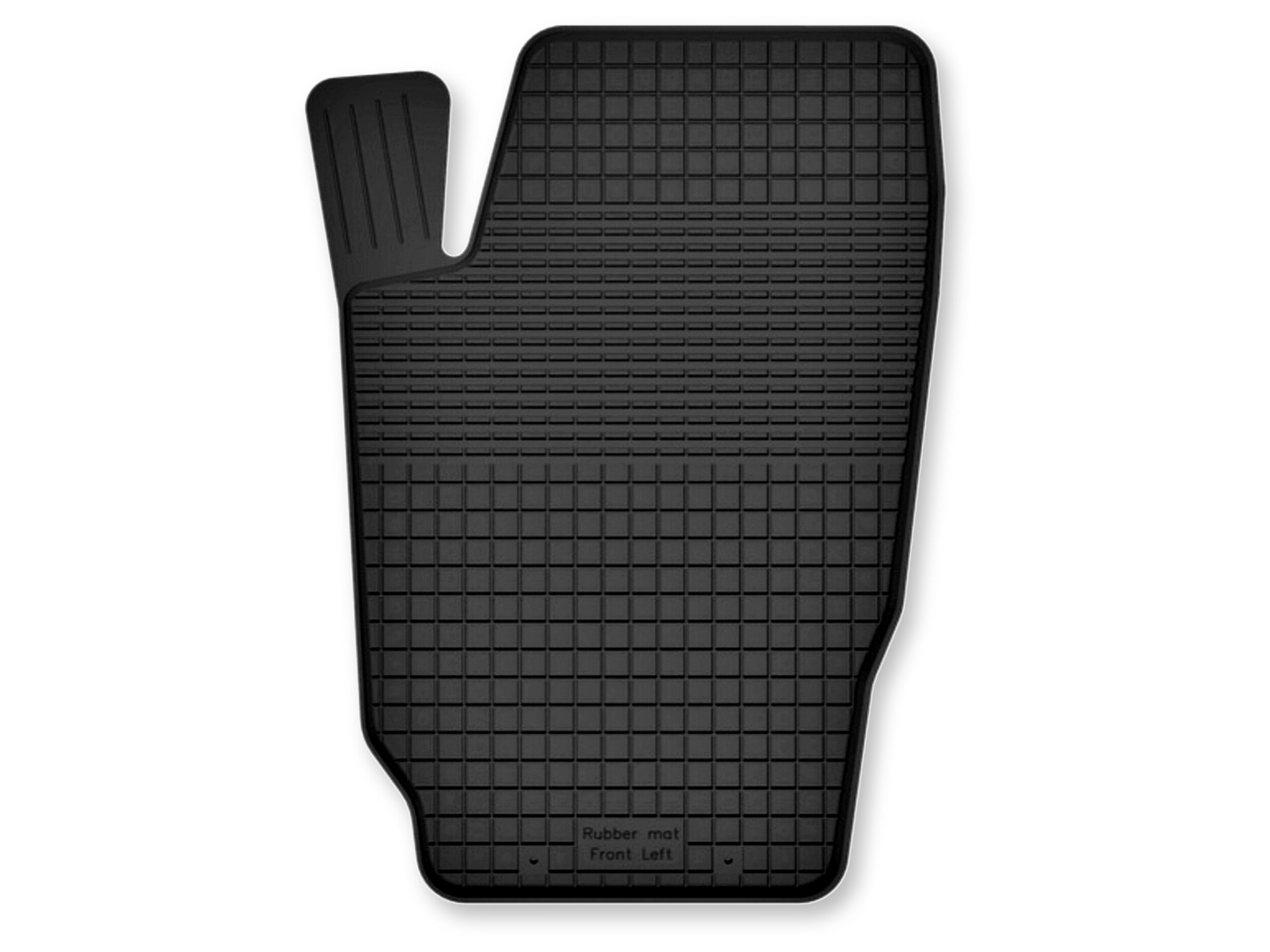 Czarny gumowy dywanik samochodowy o korytkowym kształcie z widocznym wzorem kratki. Na dolnej części znajduje się napis: \'Rubber mat Front Left\'.