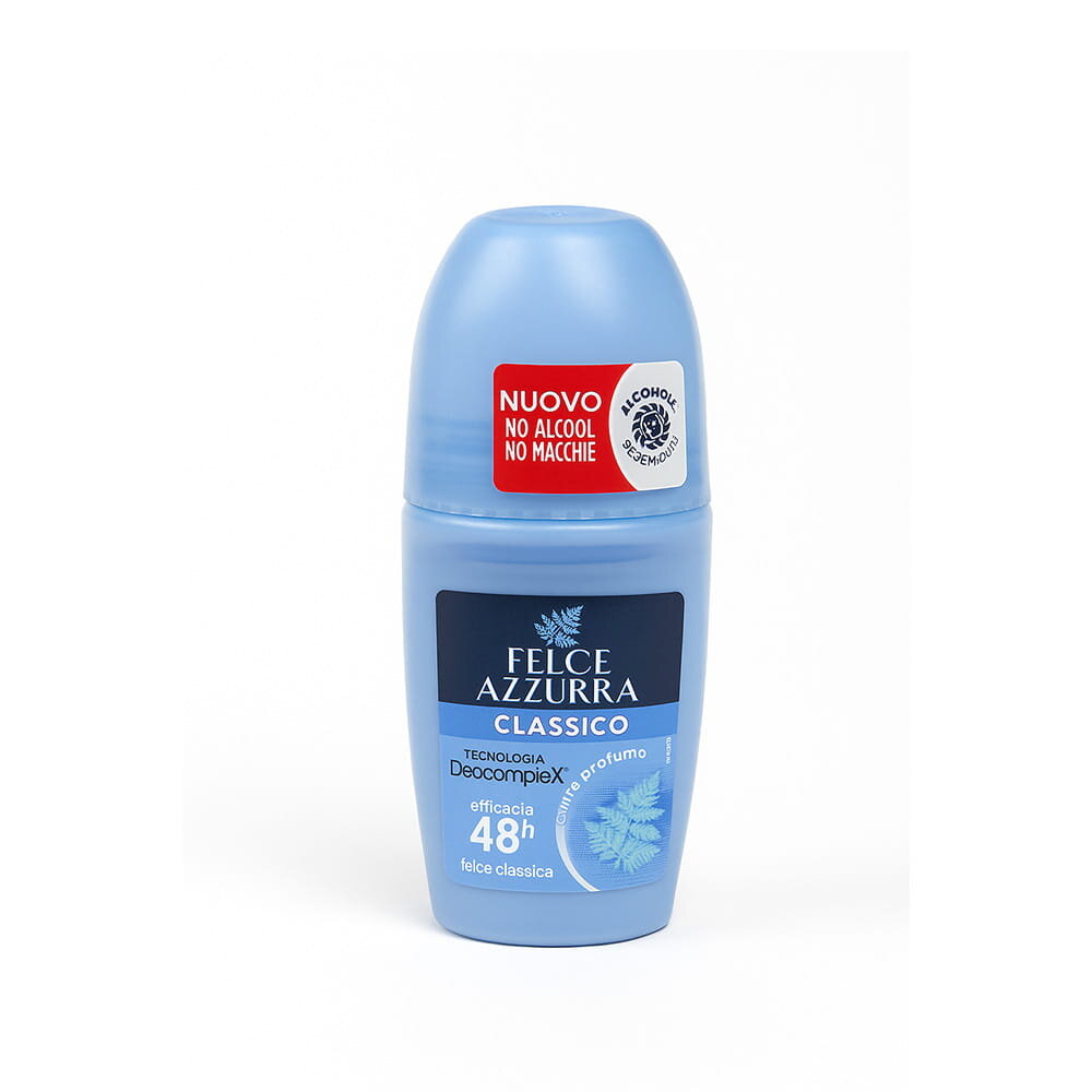 Niebieski roll-on z napisem \'FELCE AZZURRA CLASSICO\' oraz informacją \'NO ALCOOL NO MACCHIE\'. Widoczny jest także napis \'efficacia 48h\'.