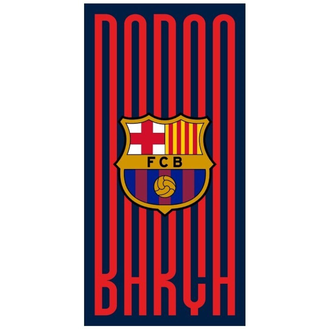 Ręcznik z logo klubu FC Barcelona na tle czerwonych i niebieskich pasów. Widoczny napis \'BARÇA\' oraz herb z literami \'FCB\'.