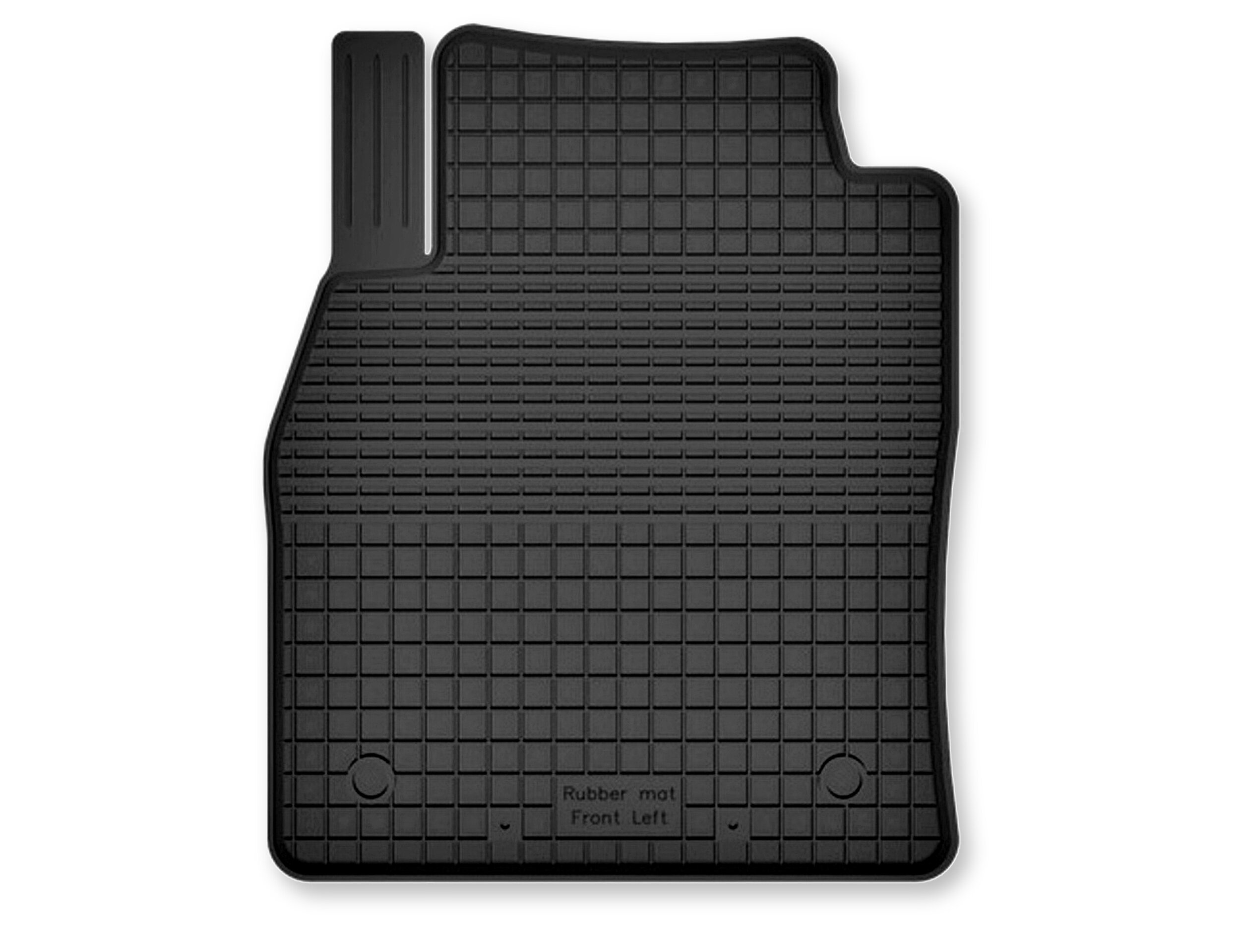 Czarny gumowy dywanik samochodowy o korytkowej strukturze z napisem \'Rubber mat Front Left\'.