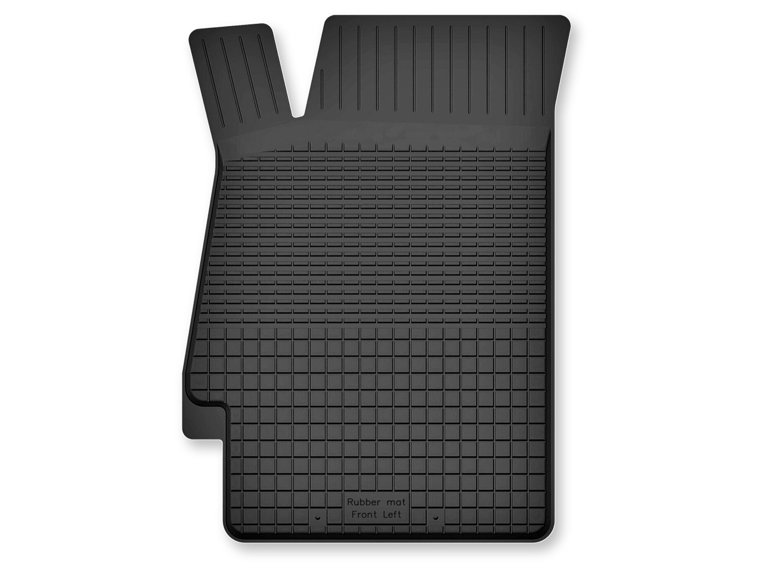 Czarny gumowy dywanik samochodowy z korytkowym wzorem i napisem \'Rubber mat Front Left\'.