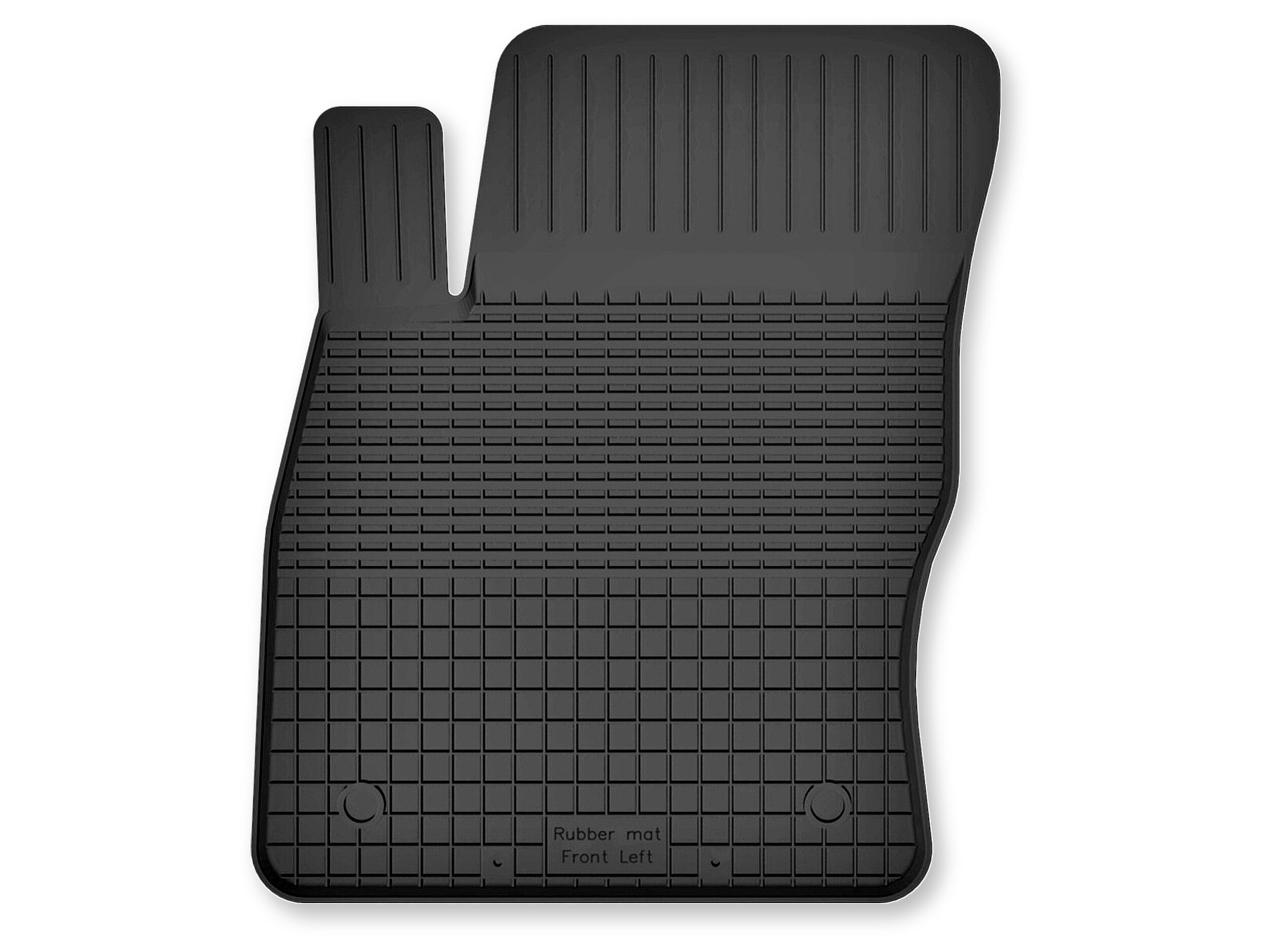 Czarny gumowy dywanik samochodowy z korytkowym wzorem i napisem \'Rubber mat Front Left\'.