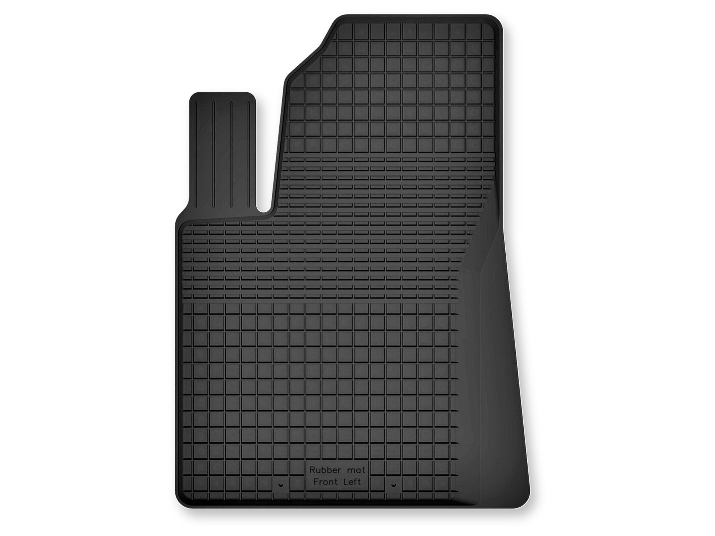 Czarny gumowy dywanik samochodowy z korytkowym wzorem i napisem \'Rubber mat Front Left\'.