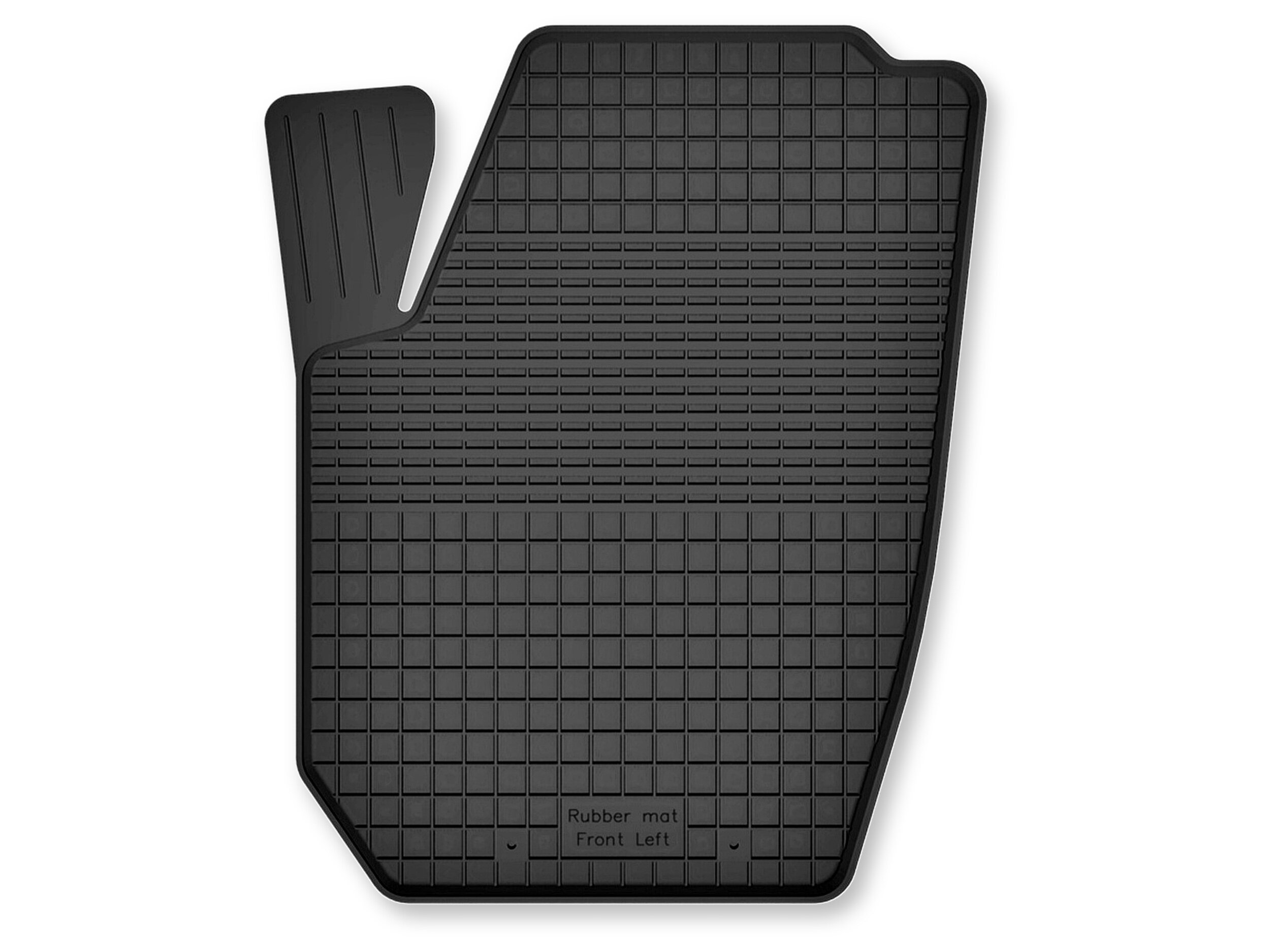Czarny gumowy dywanik samochodowy o prostokątnym kształcie z wycięciem na pedały. Na dole widoczny jest napis: \'Rubber mat Front Left\'.