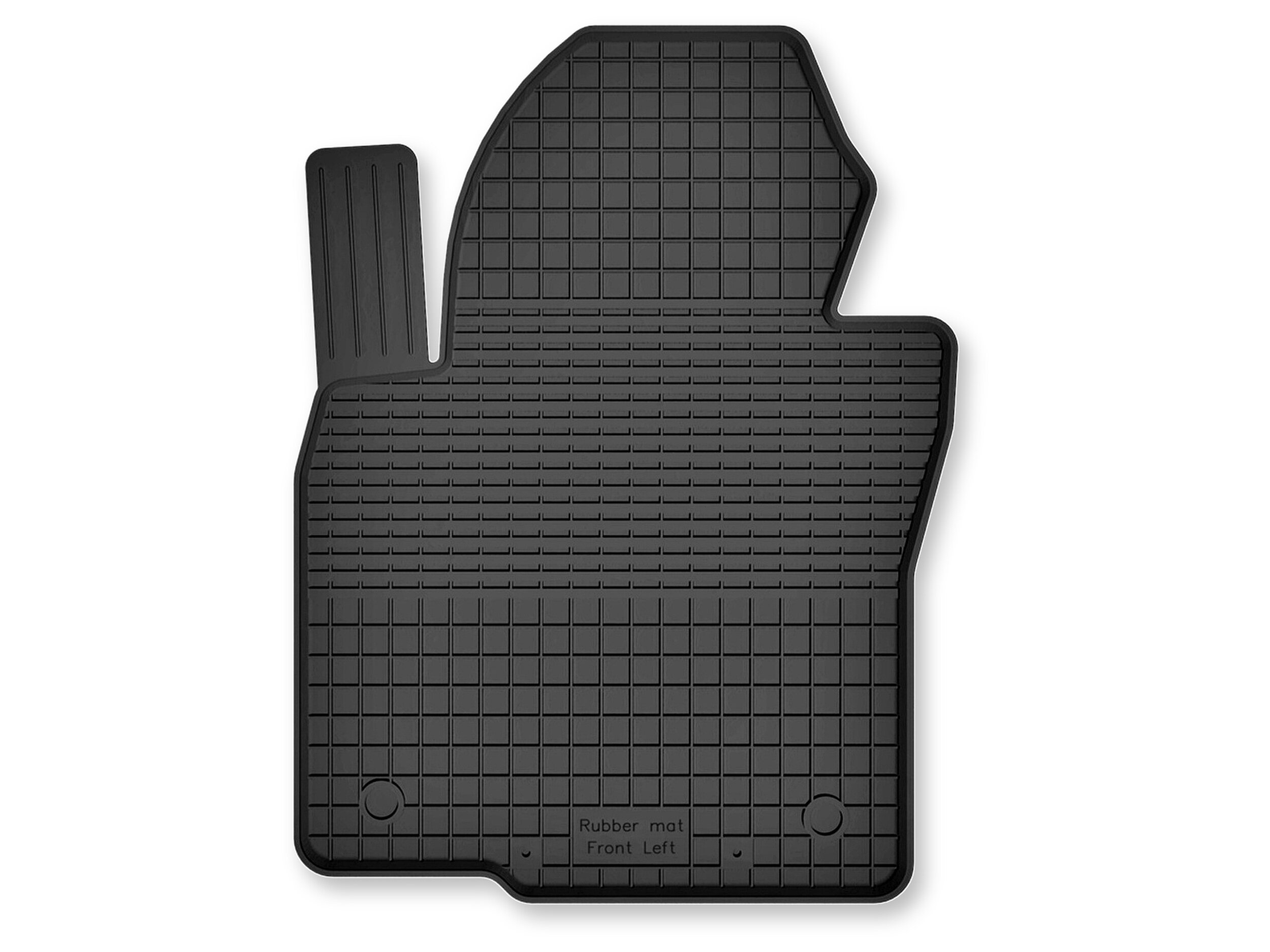 Czarny gumowy dywanik samochodowy o korytkowym kształcie z widocznym napisem \'Rubber mat Front Left\'.