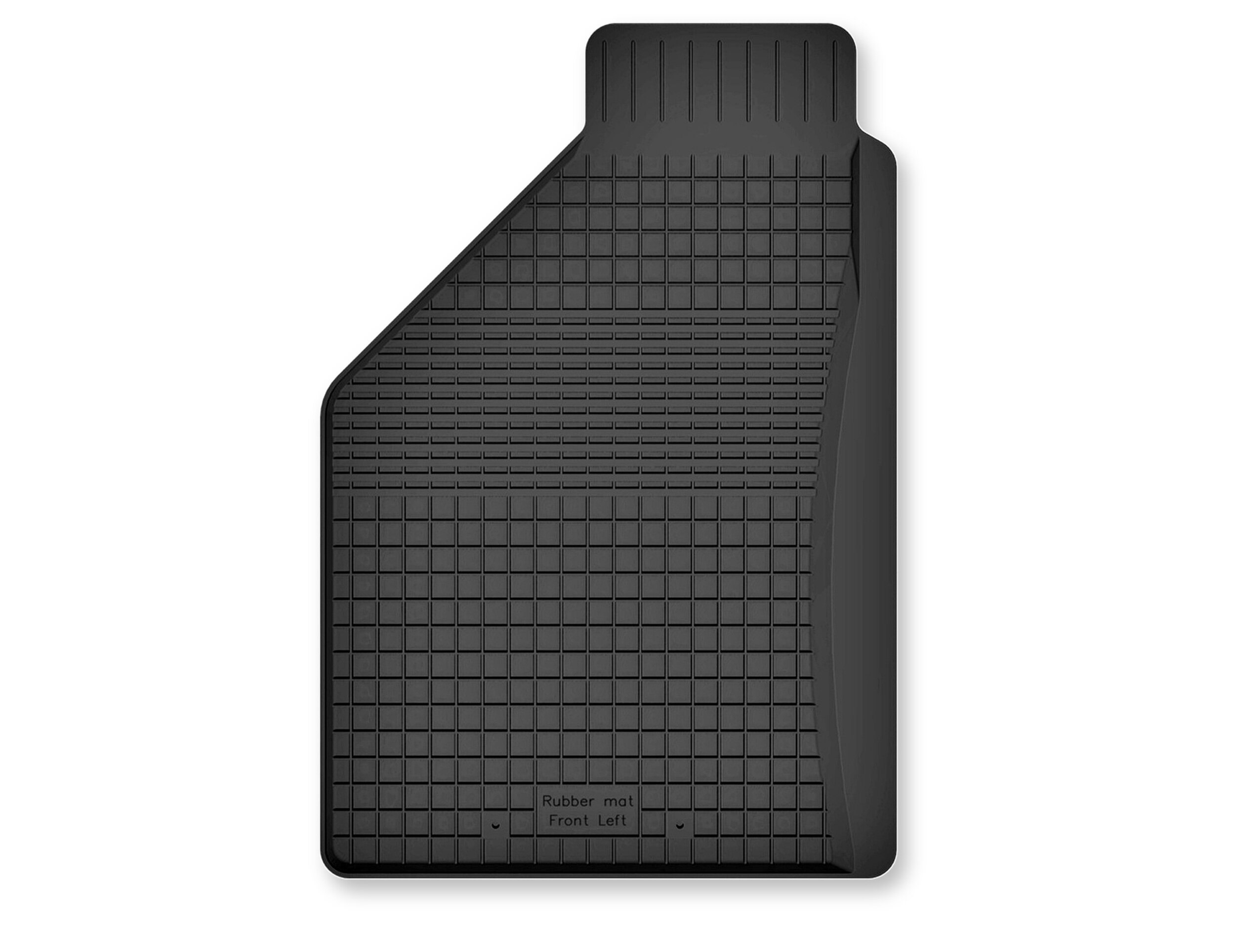 Czarny gumowy dywanik samochodowy z korytkowym wzorem i napisem \'Rubber mat Front Left\'.