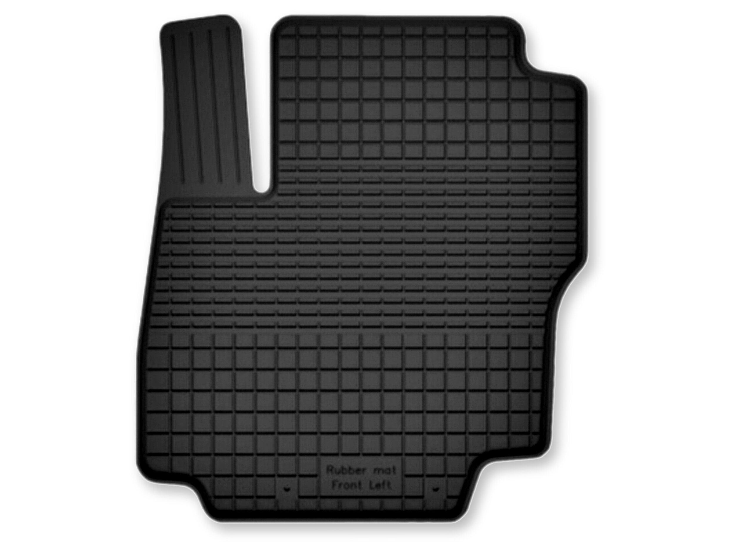 Czarny gumowy dywanik samochodowy z korytkowym wzorem i napisem \'Rubber mat Front Left\'.