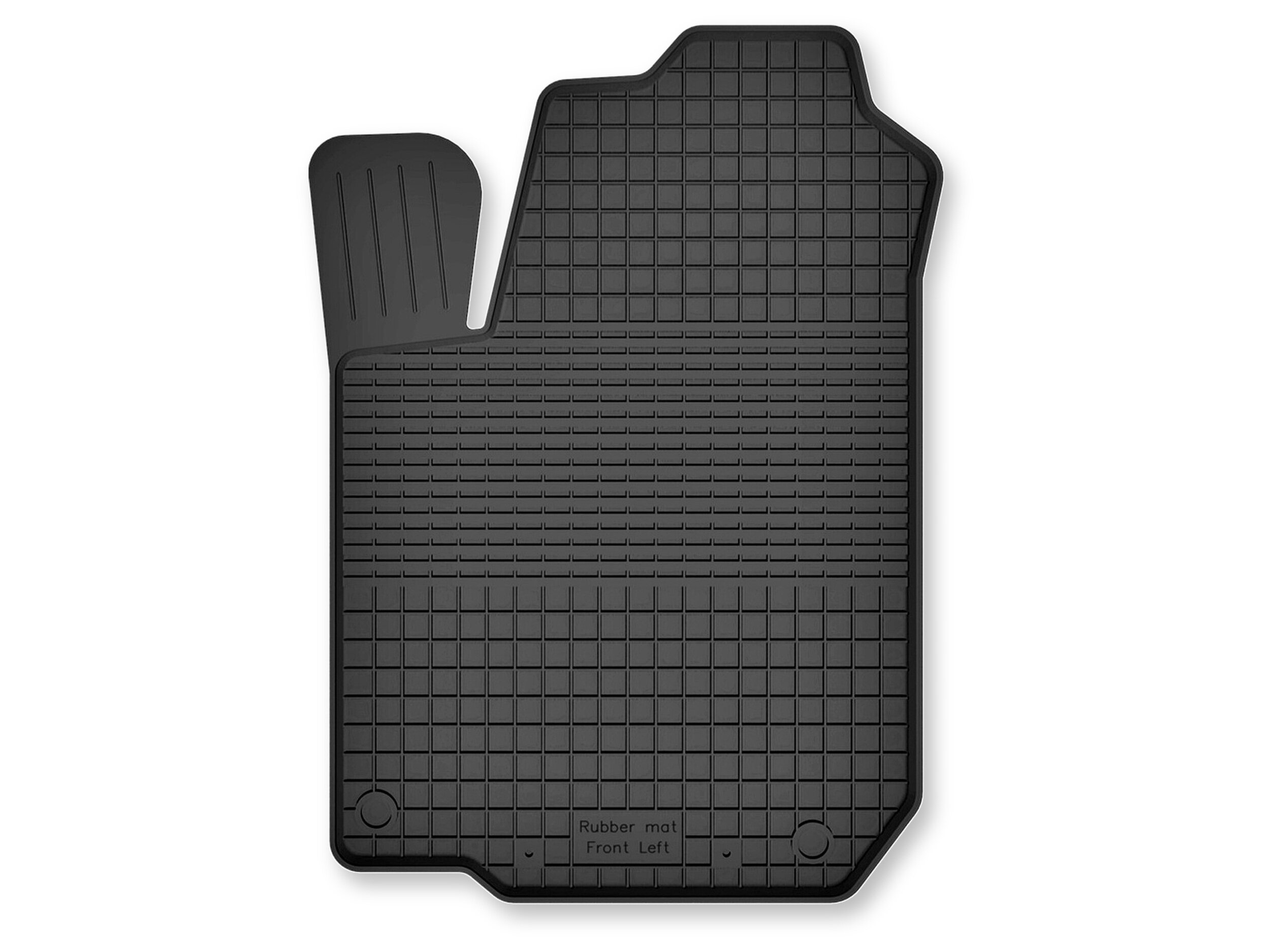 Czarny gumowy dywanik samochodowy o korytkowej strukturze z napisem \'Rubber mat Front Left\'.