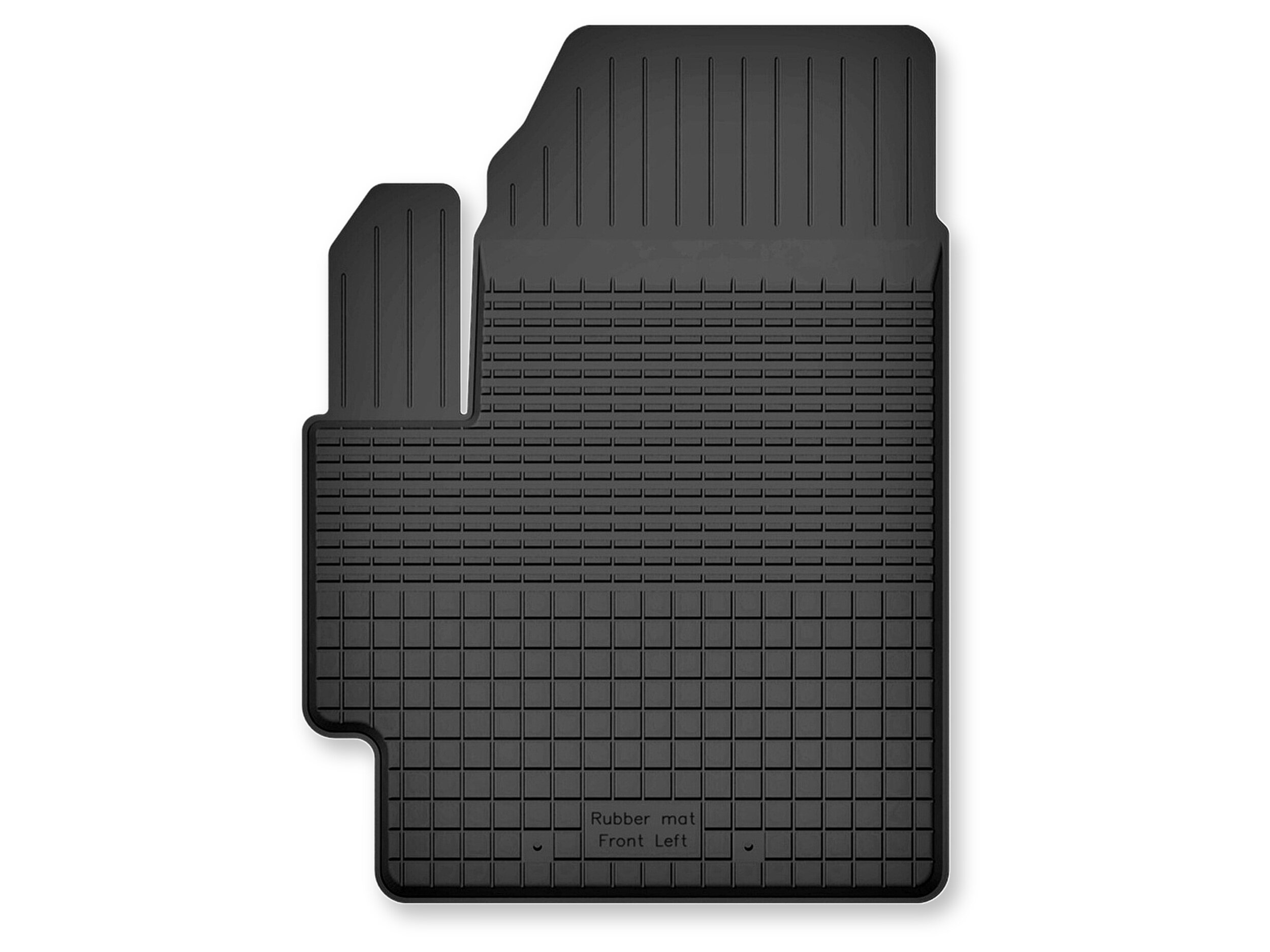 Czarny gumowy dywanik samochodowy z korytkowym wzorem i napisem \'Rubber mat Front Left\'.