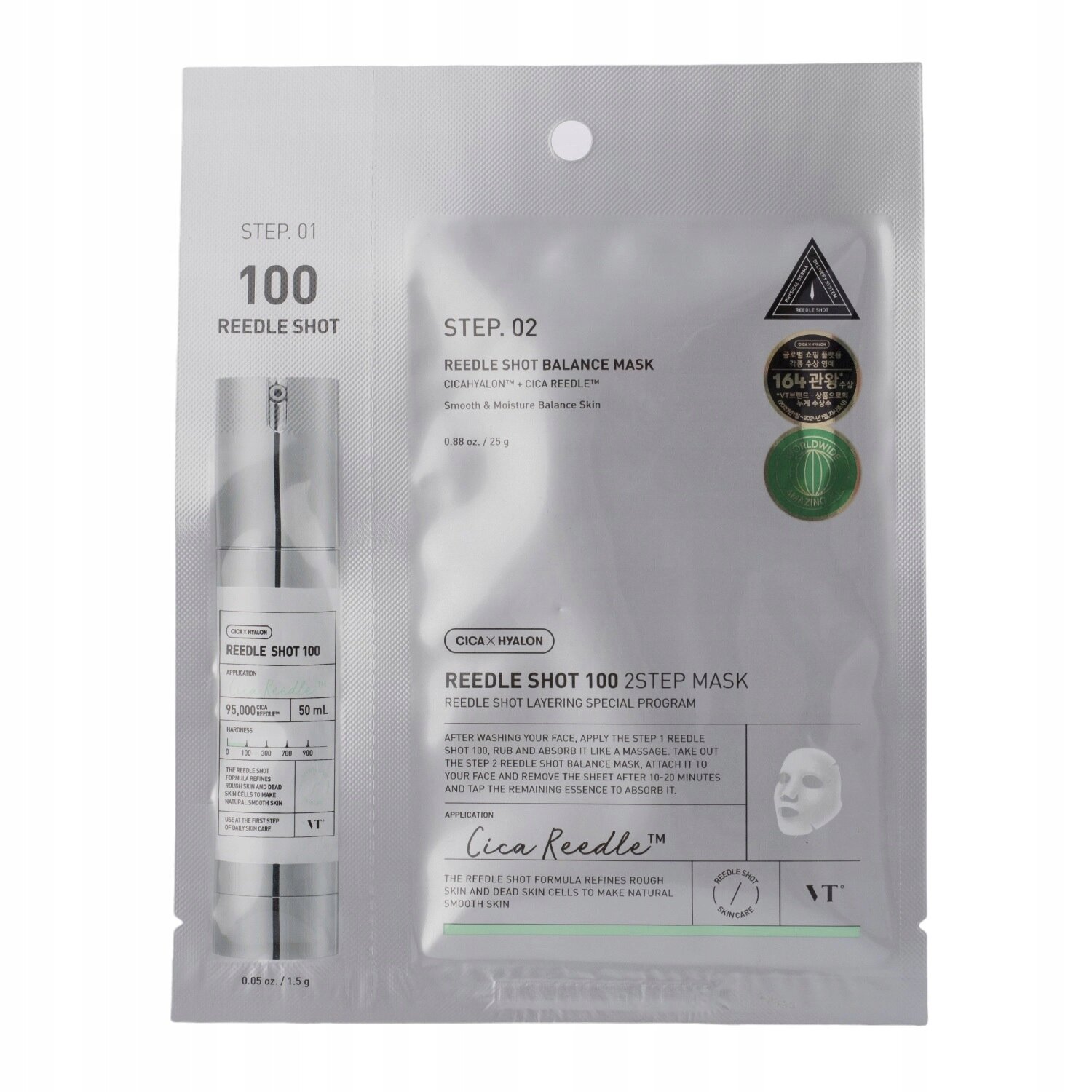 Opakowanie maseczki stymulująco regenerującej VT Cosmetics Reedle Shot 100 z widocznymi napisami: \'STEP.01 100 REEDLE SHOT\', \'STEP.02 REEDLE SHOT BALANCE MASK\', \'CICA X HYALON\', \'REEEDLE SHOT 100 2STEP MASK\'.
