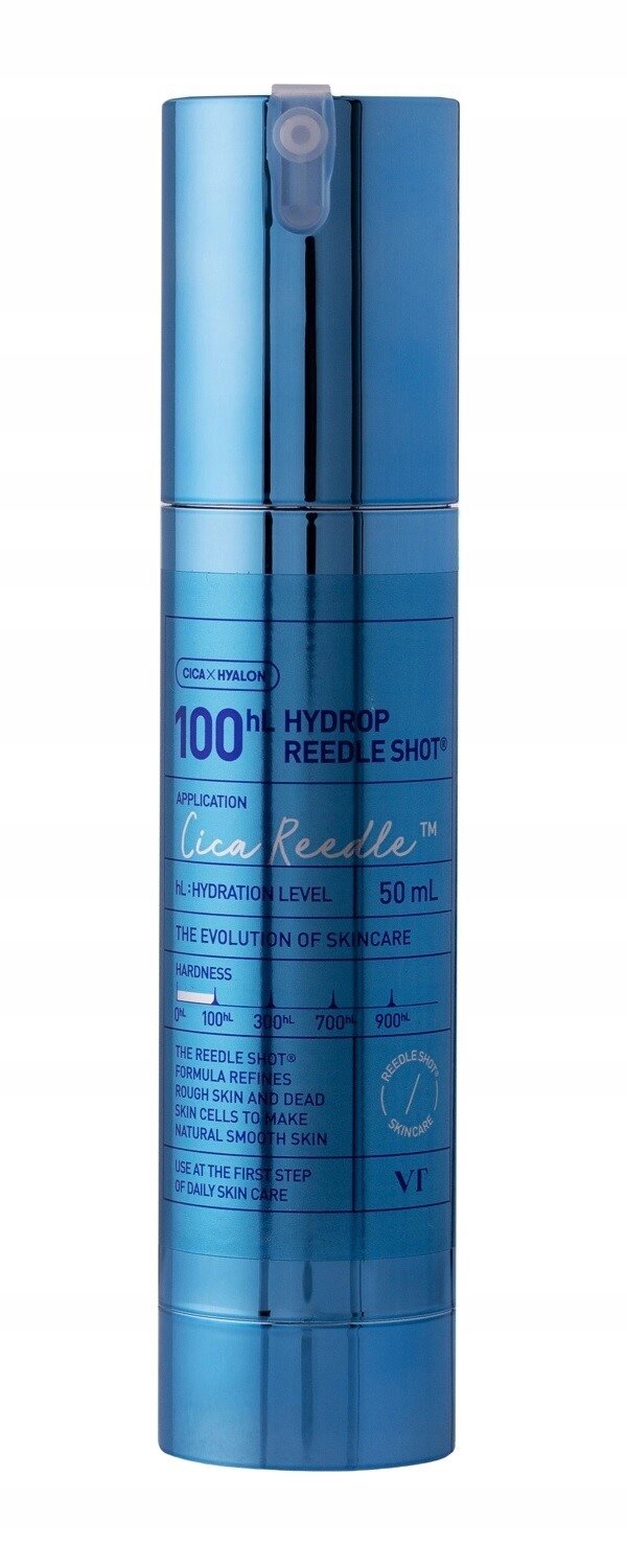 Niebieska butelka z pompką, na której widnieje tekst: \'100hL Hydrop Reedle Shot, 50 mL\'.