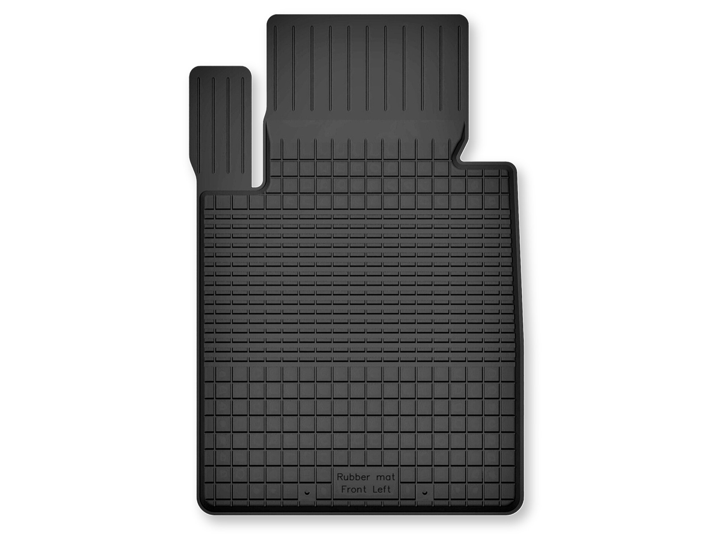 Czarny gumowy dywanik samochodowy z korytkowym wzorem i napisem \'Rubber mat Front Left\'.